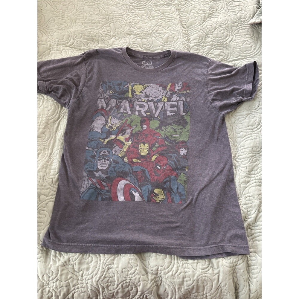 Marvel Comics T Shirt Mens L Charcoal Grey Short Sleeve Print of Super Heroes
